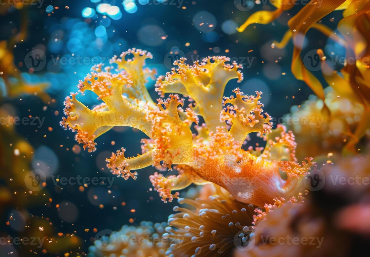 A close up of a delicate coral structure dissolving under the effects of acidified ocean water, with marine organisms trying to adapt photo