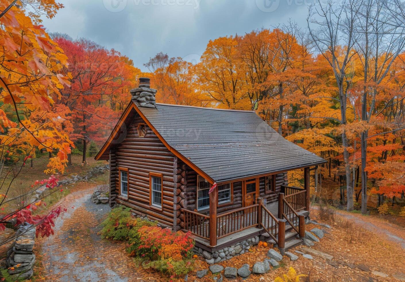 A cozy cabin nestled in the woods, surrounded by vibrant fall colors photo