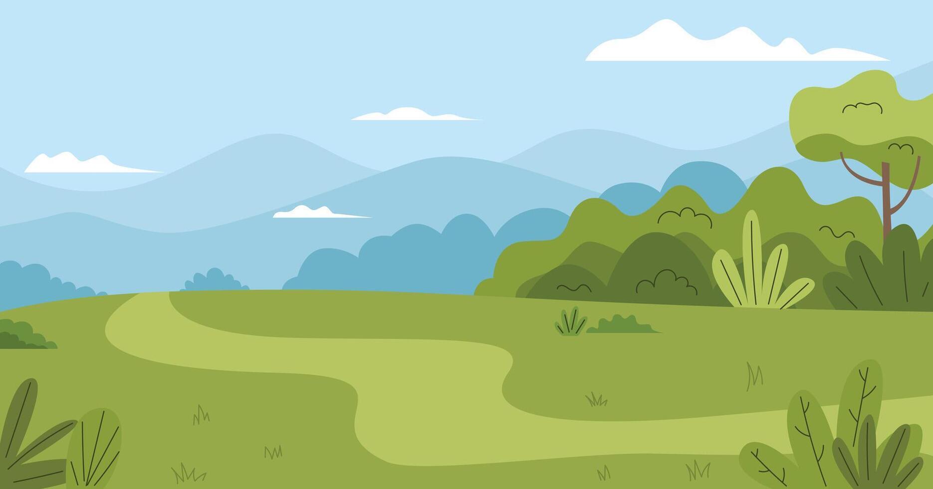 Landscape green grass with trees, sky and clouds panoramic view vector