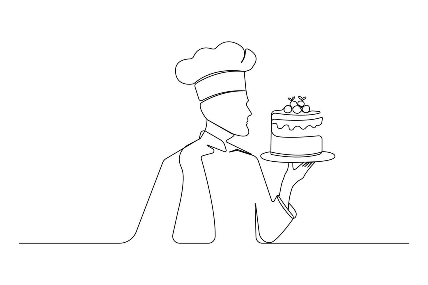 Continuous single-line art drawing of chef holding plate of cherry cake. vector