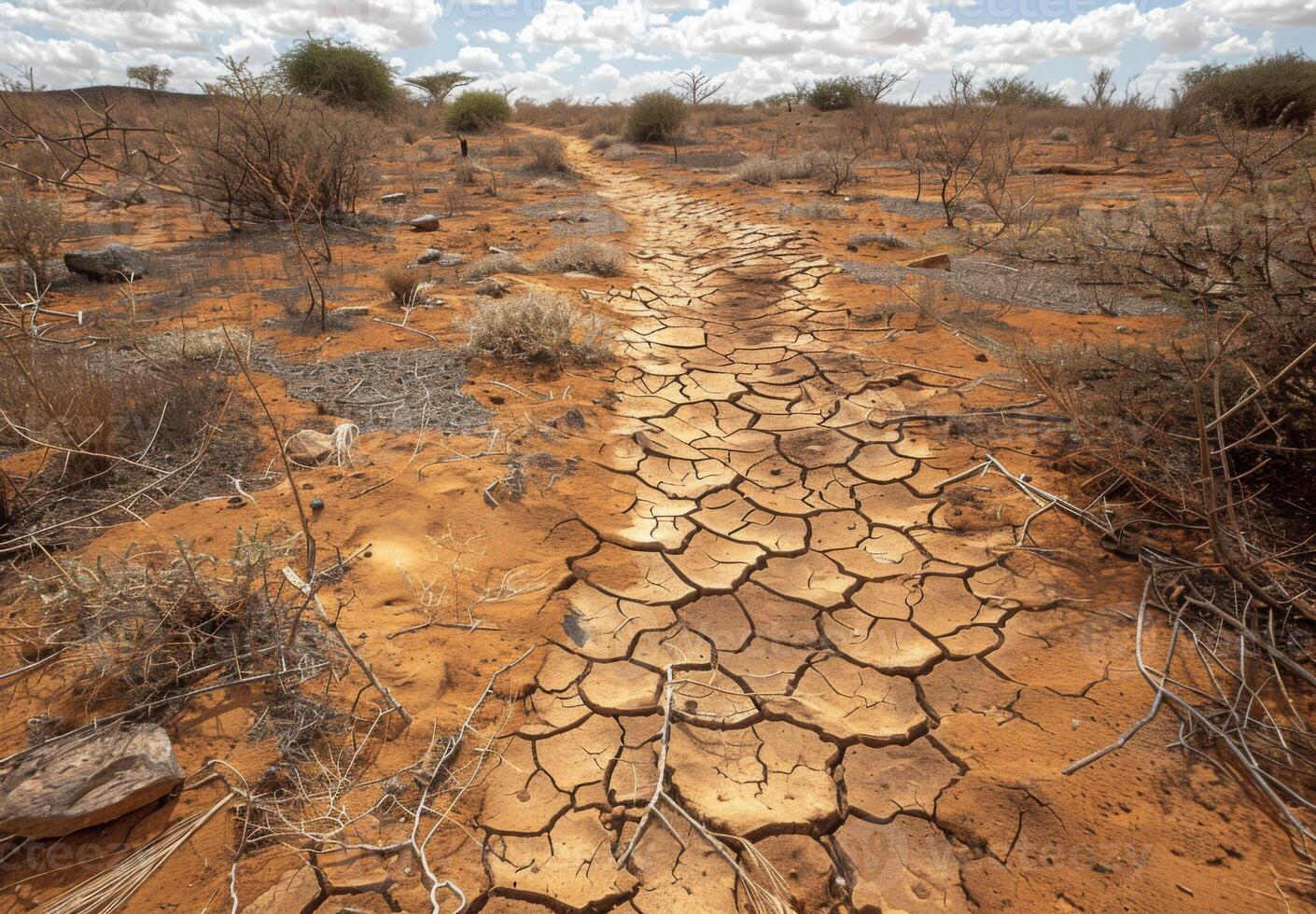 A detailed view of a drought stricken landscape with dusty, cracked ground and sparse vegetation photo