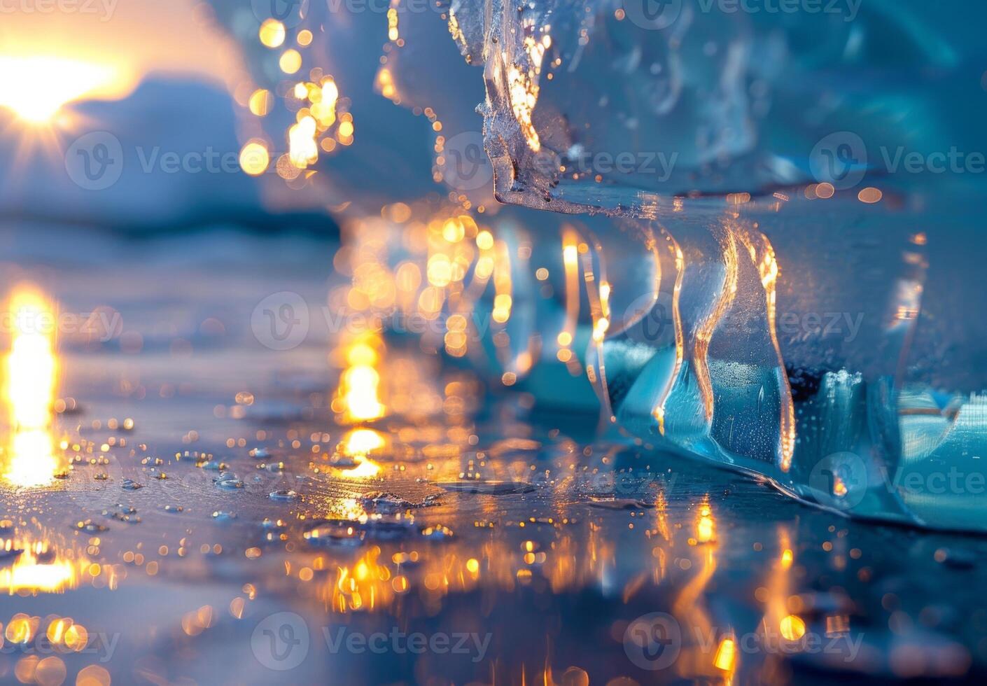 A close up of a melting iceberg with sunlight reflecting off the water droplets photo
