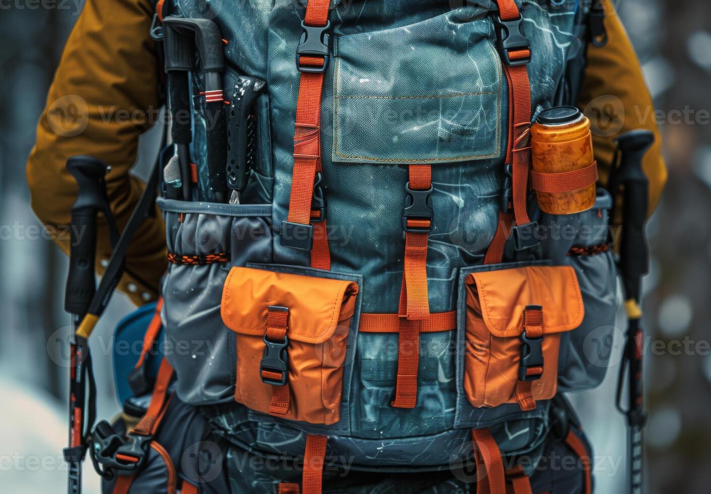 A detailed shot of a hiking backpack with various compartments and camping tools photo