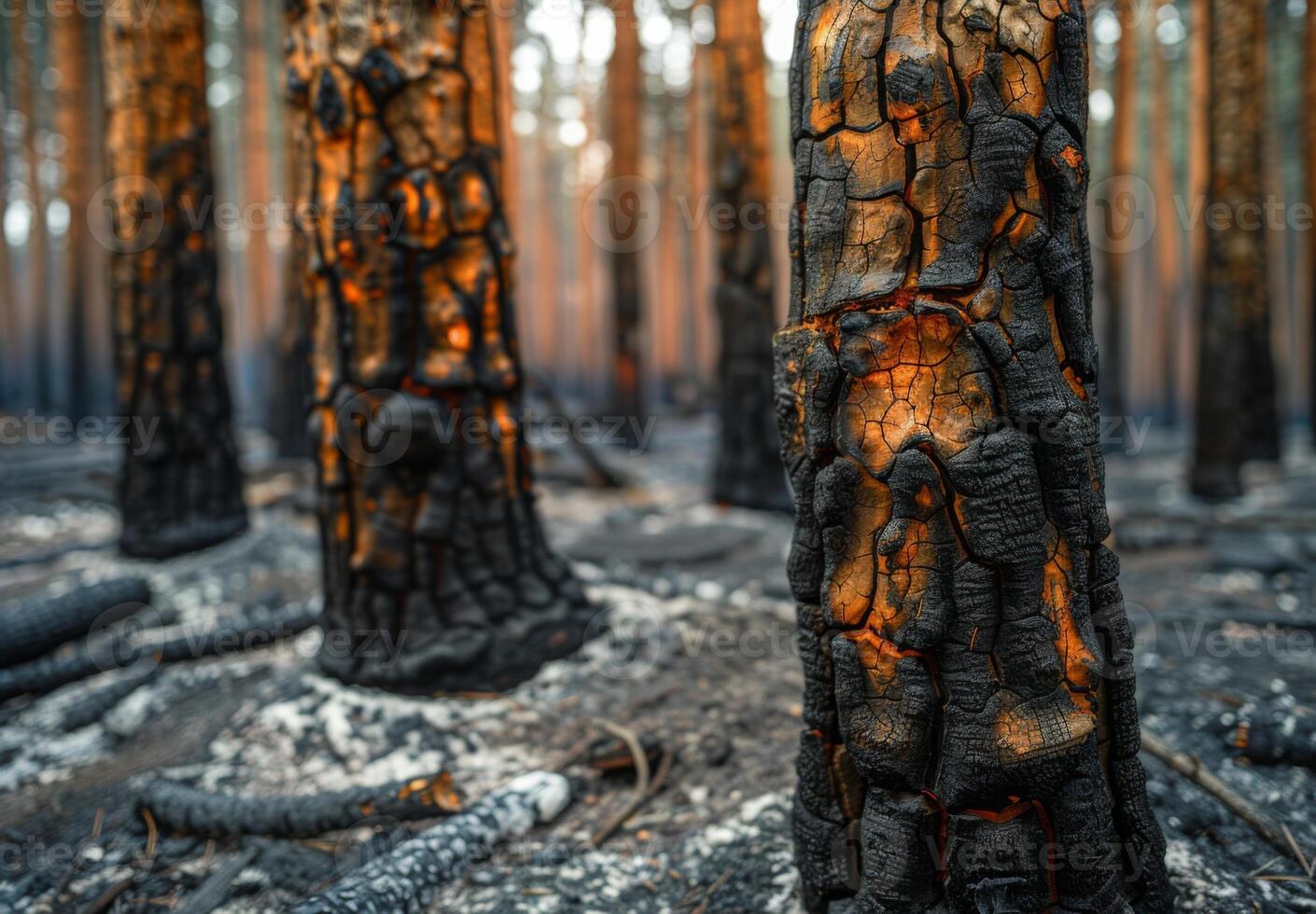 A close up of charred tree trunks in a burnt forest, with ash covering the ground photo