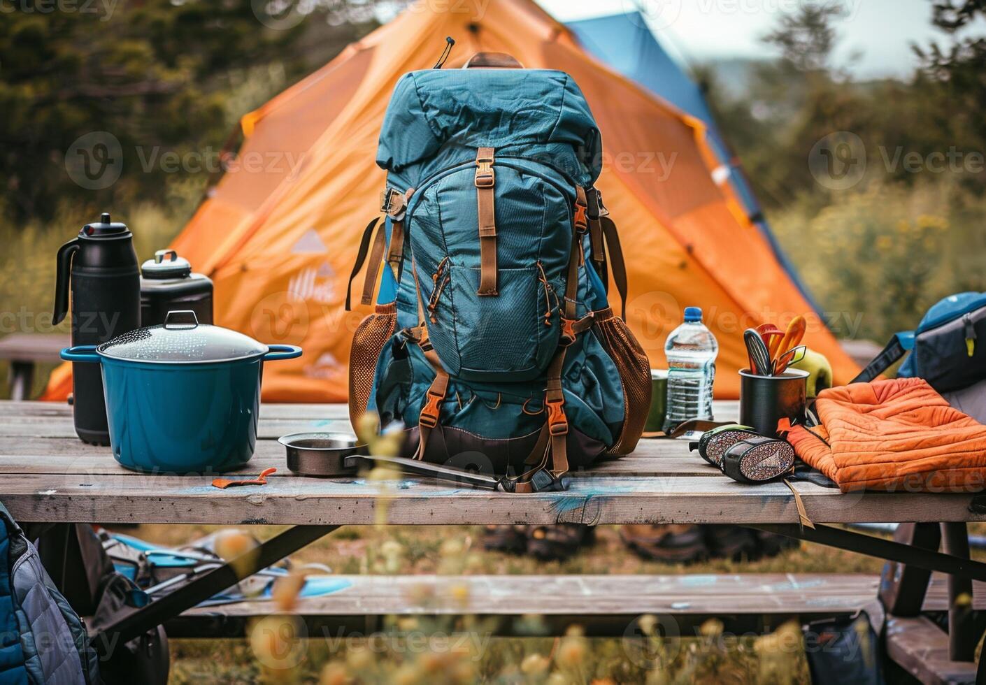 A close up of camping essentials laid out on a picnic table, including a tent, backpack, and cooking gear photo