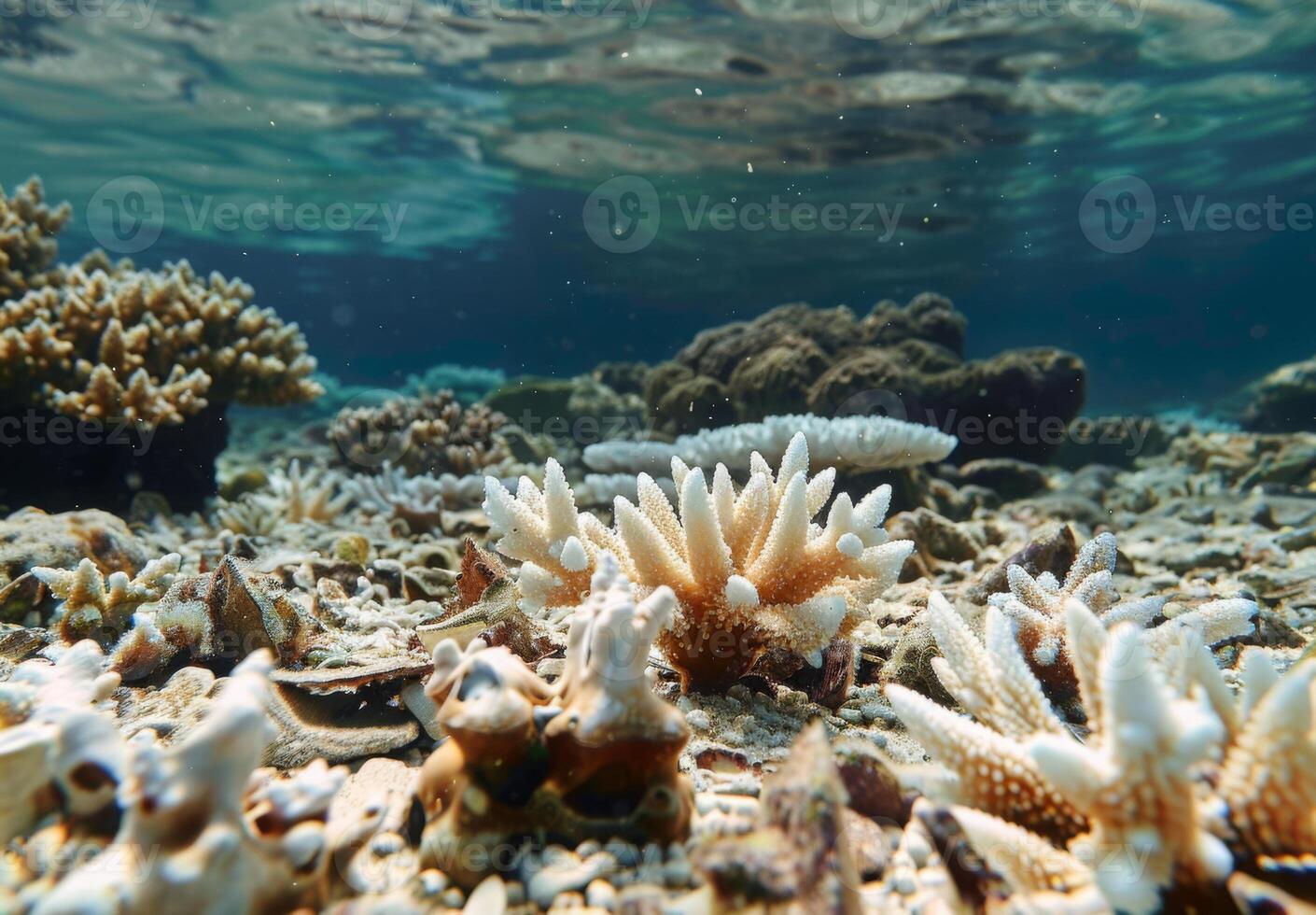 A close up of dead coral fragments scattered on the ocean floor, highlighting the extent of reef degradation photo