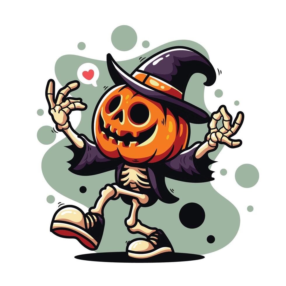 illustration of a pumpkin dressed as a witch in cartoon style. Halloween cartoon vector