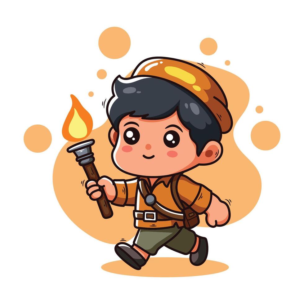 Boy scout with torch. Cute cartoon character. illustration. vector