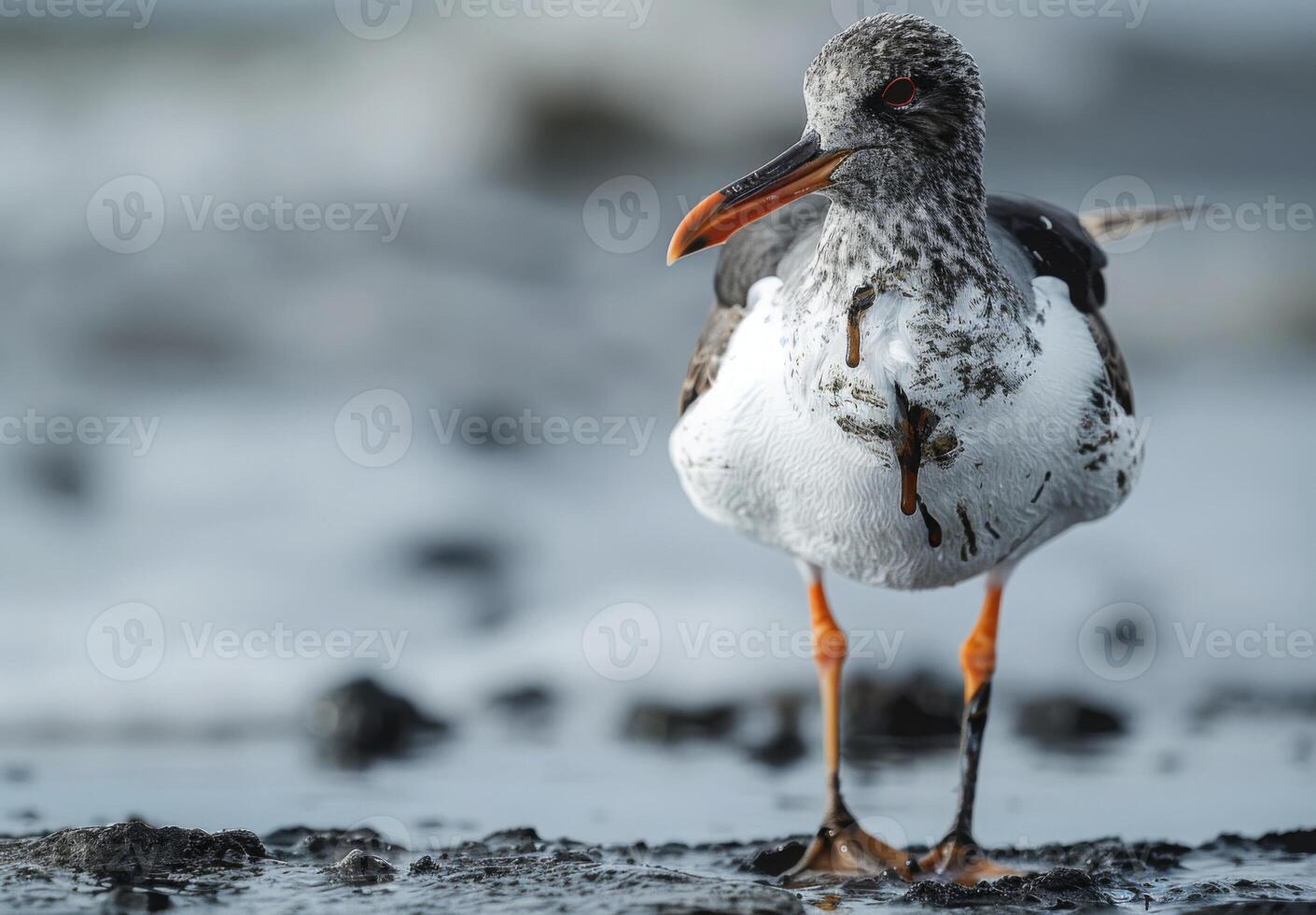 A close up of a seabird affected by oil pollution, standing on a contaminated beach photo