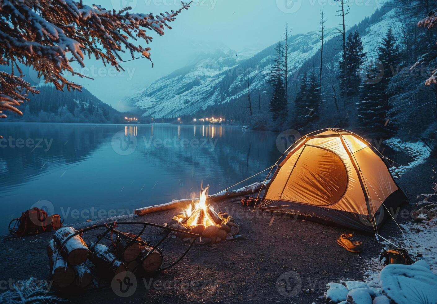 A cozy scene with a tent illuminated from within and a campfire providing warmth outside photo