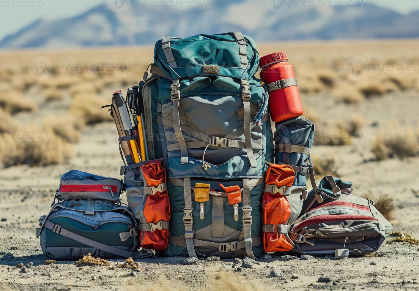 A detailed shot of a hiking backpack with various compartments and camping tools photo