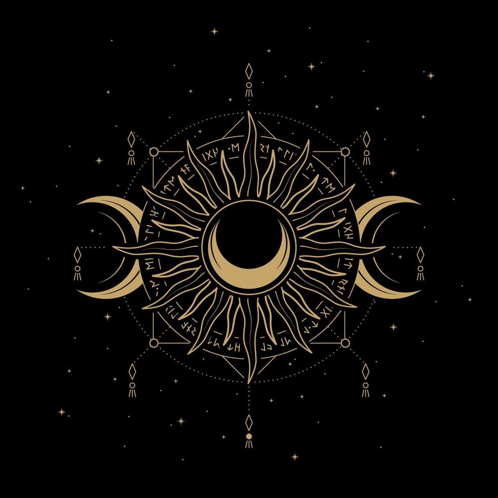 mysterious golden sun and moon design vector
