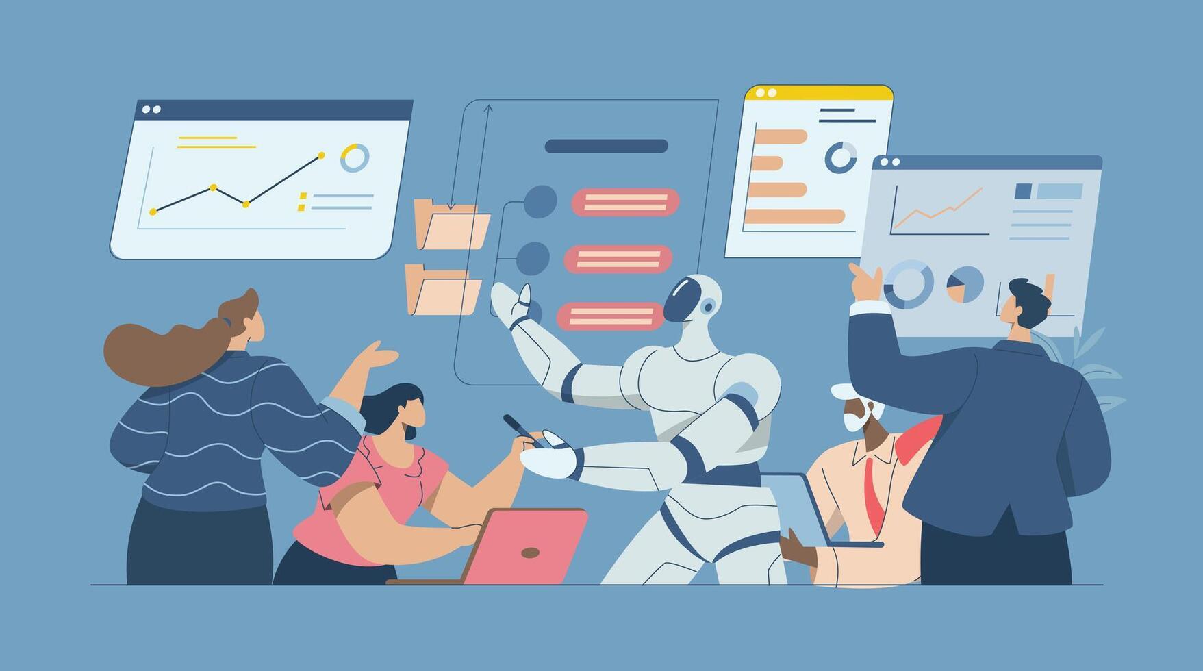 Business data analysis, working with artificial intelligence, AI support, Business team people jointly analyzing data or reviewing business document reports together with robots, design. vector