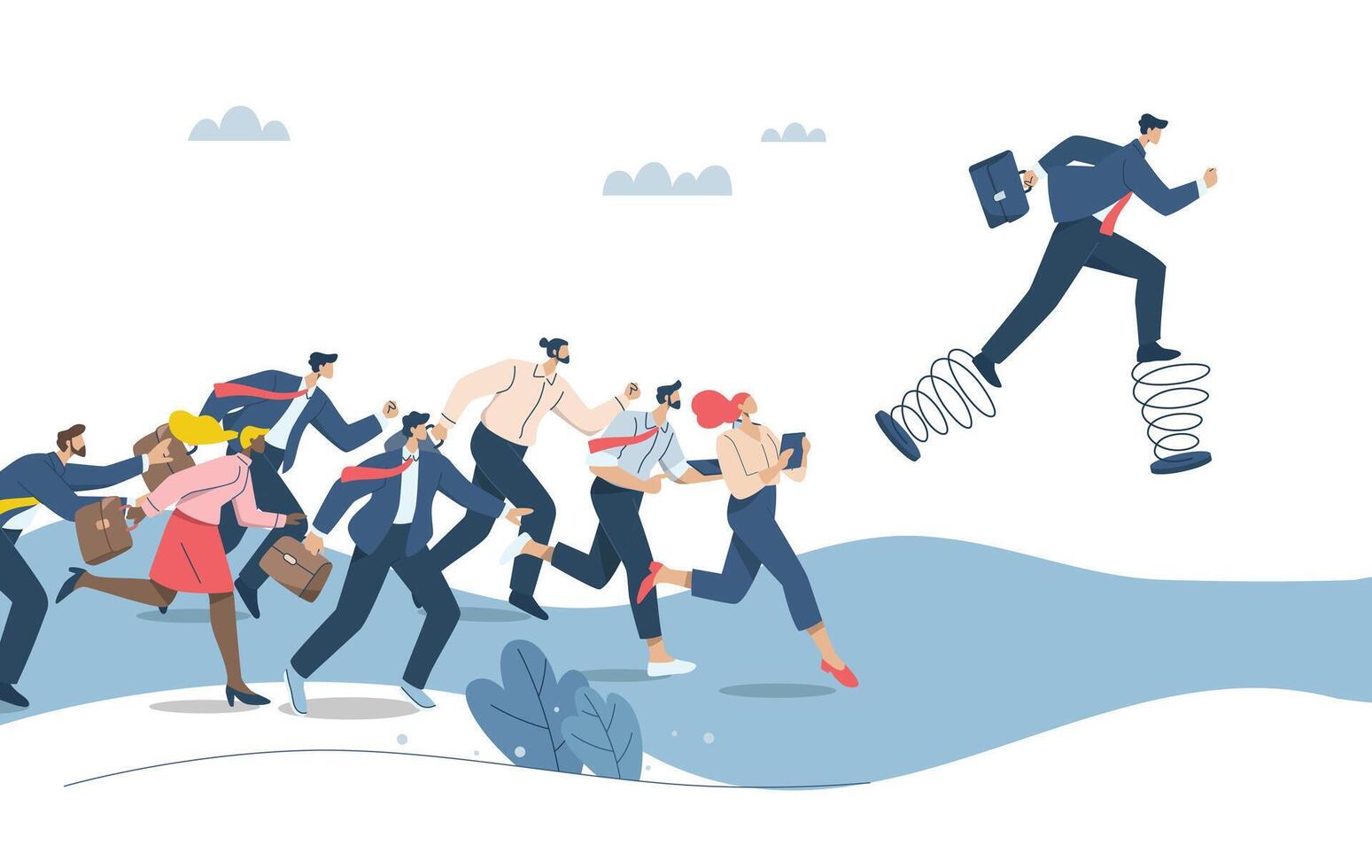 Business competition, Increasing competitive efficiency to superior to competitors, Strategizing to become a business leader, Businessman with spring runs leaps and bounds ahead of the competition. vector