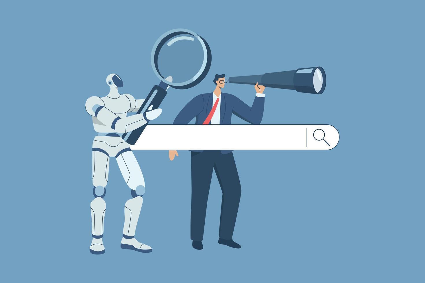 Searching for information online, AI support, Surfing the internet with search engine bar, Search engine optimization, Working with artificial intelligence, Business man with robot using binoculars. vector