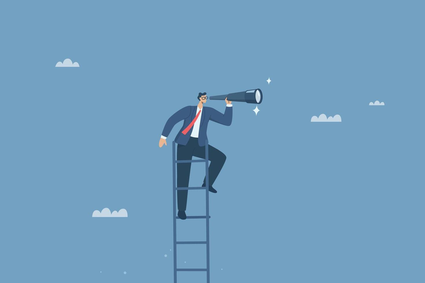 Business leader climbing stairs using binoculars to search for new business goals, Searching for business success opportunities, Ladder of success or ambition, design illustration. vector