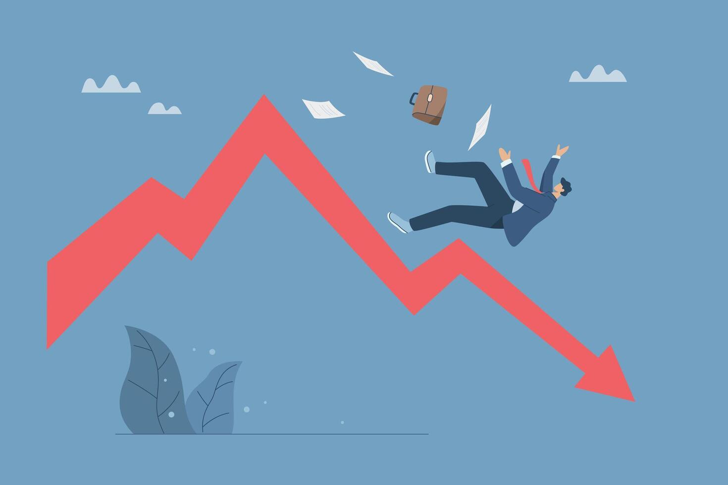 Business failure or economic recession, Investment crisis or stock market crash, investment mistakes, Business investment risks, Businessman falls from a rising graph, design illustration. vector