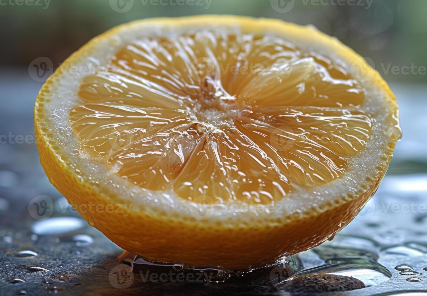 A photograph of a lemon half, highlighting the texture of the rind and the juice filled segments photo