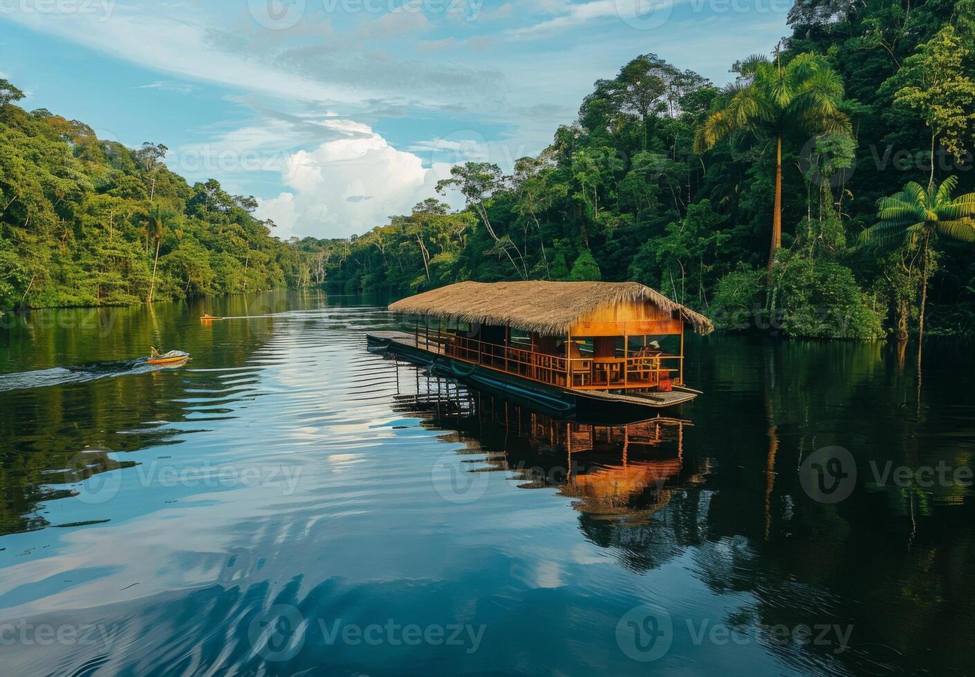 A floating eco lodge on a serene river in the Amazon, surrounded by dense tropical vegetation photo