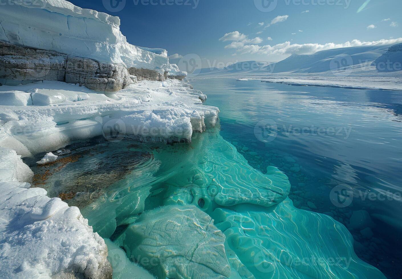 A photograph of a melting ice shelf with clear blue water pooling on top photo