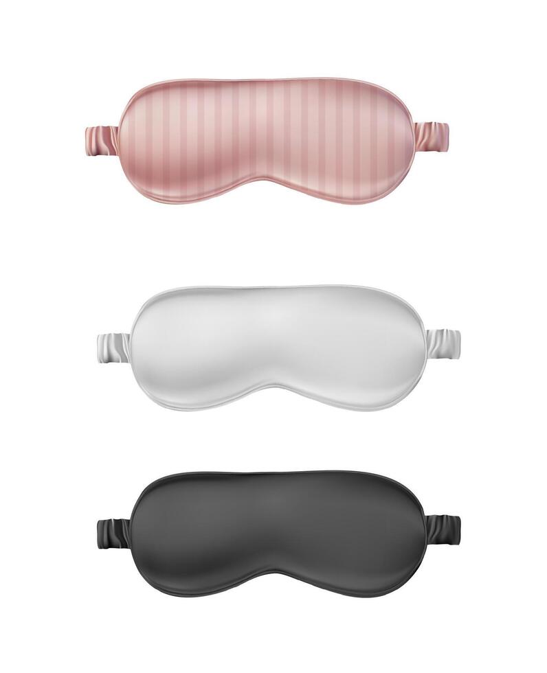 3d realistic illustration. Set of white, black and pink sleeping masks. vector