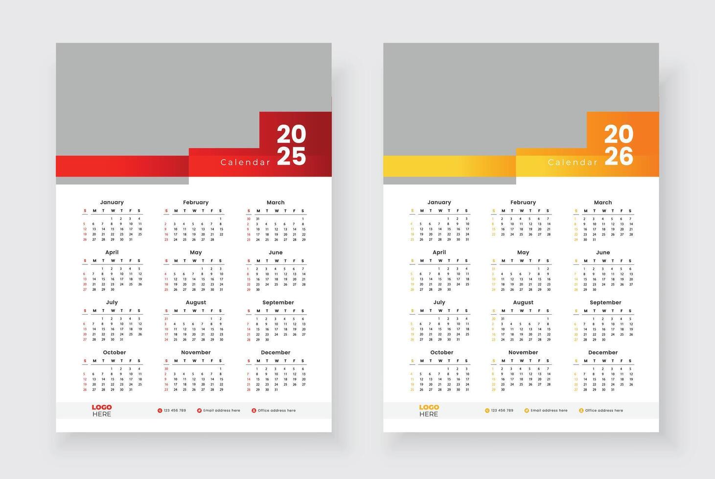 One page wall calendar for 2025, 2026. Week starts on Sunday. One page wall calendar template design. Minimalist style calendar. vector