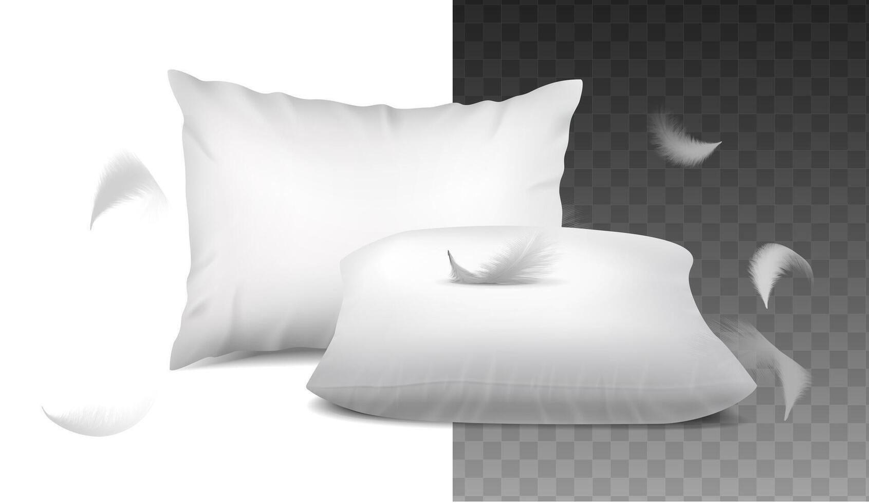 3d realistic illustration. Sweet dreams design concept. Mockup White pillows with flying feathers, isolated. vector