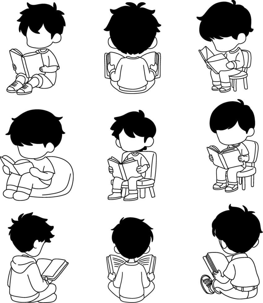 black and white illustration of a boy reading a book vector