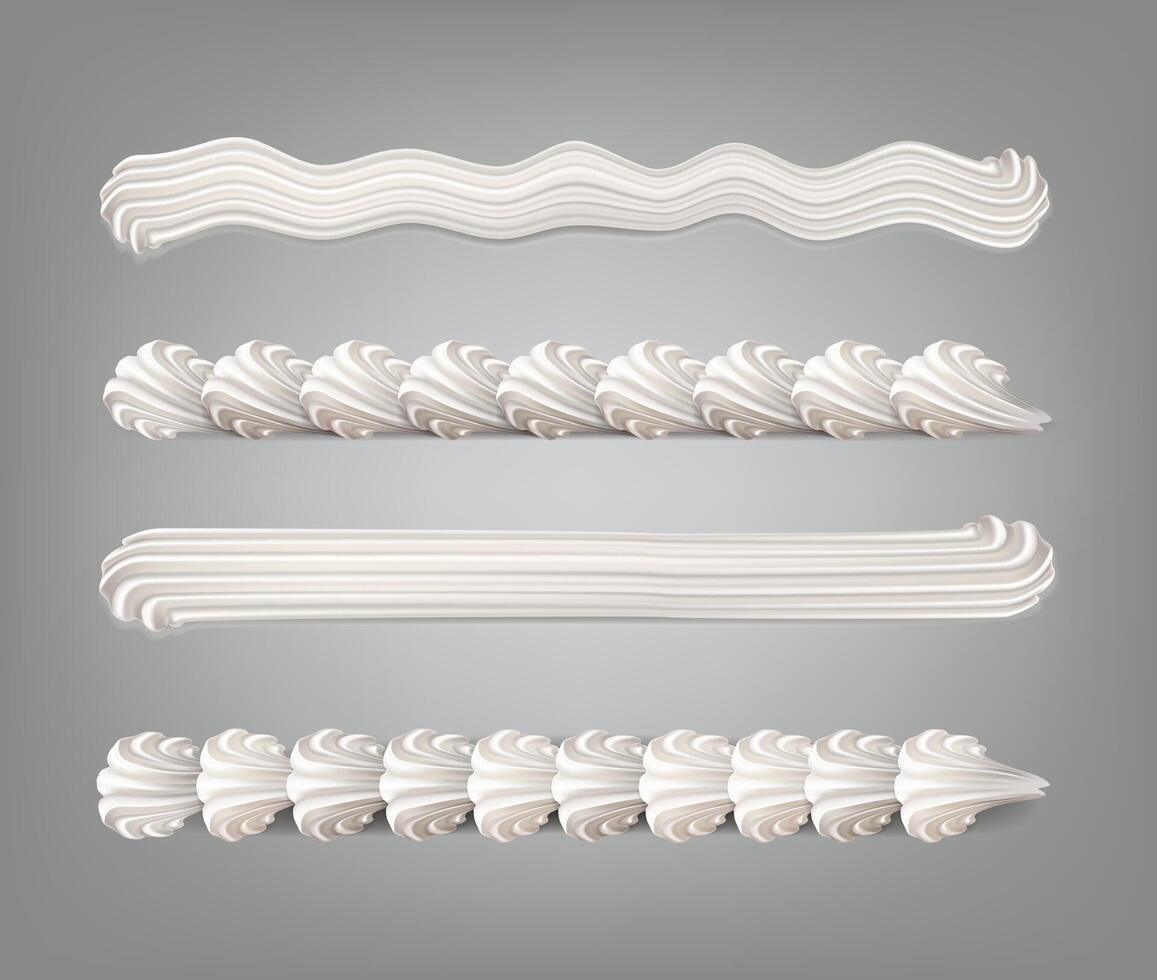 3d realistic icon set. Baker cream. Whiped cream border pattern from piping bag. vector