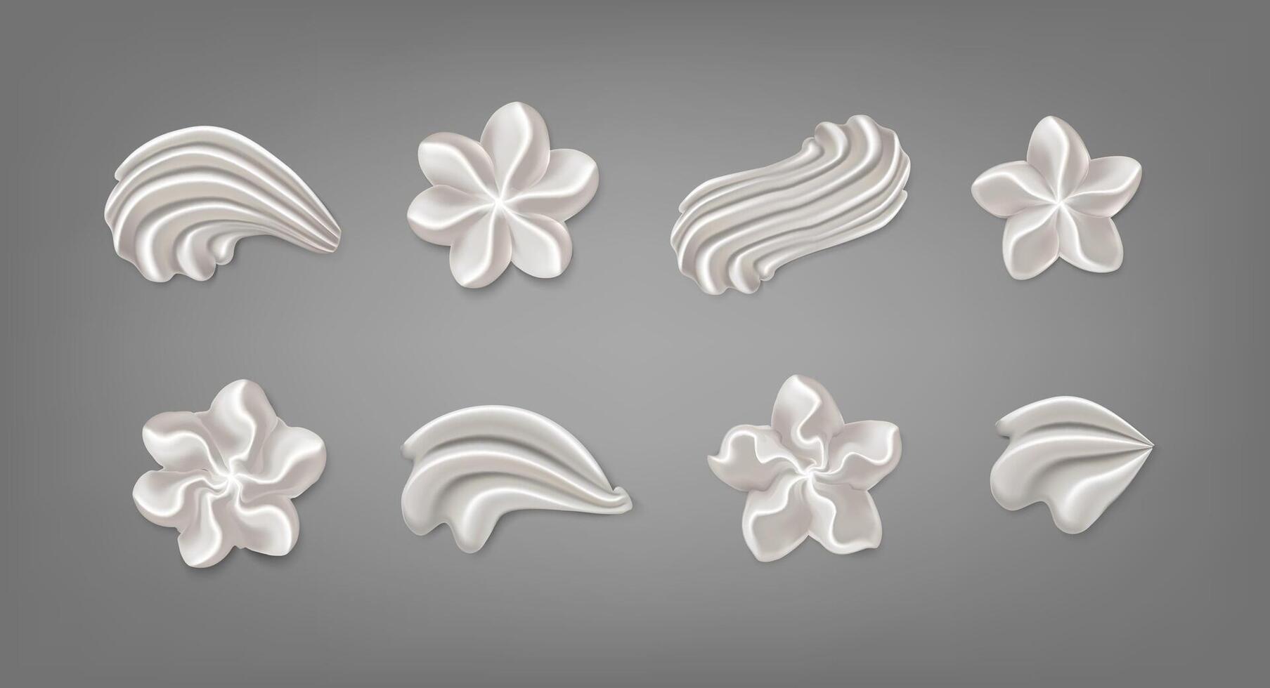 3d realistic icon set. Baker cream. Whipped cream swirl collection of smooth dairy icing frosting for cupcake or bakery. vector