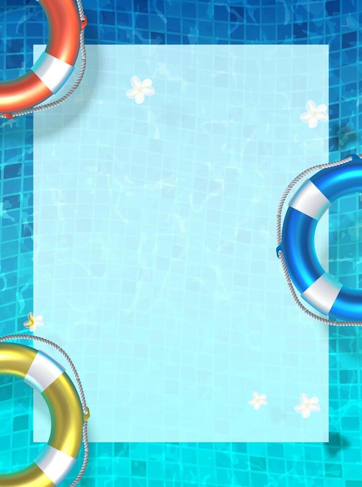3d realistic illustration. Pool party banner top view with lifebyous. vector