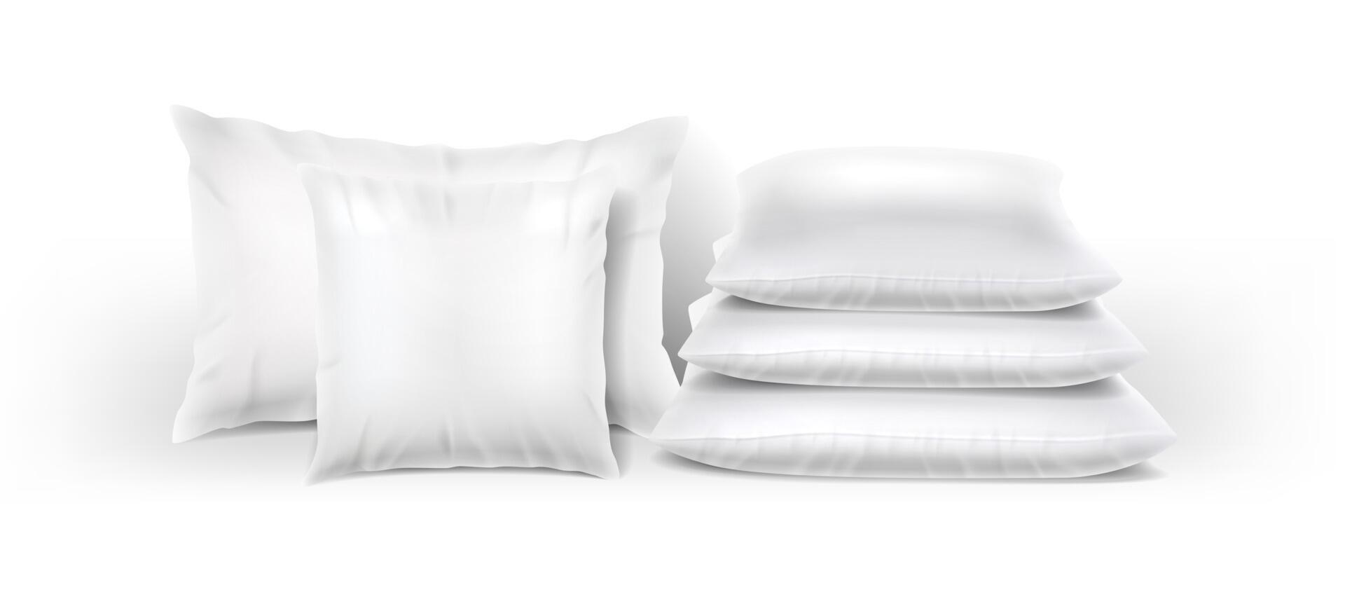3d realistic illustration. Side view white pillows with flying feathers around. isolated on white background. Sweet dreams concept. vector