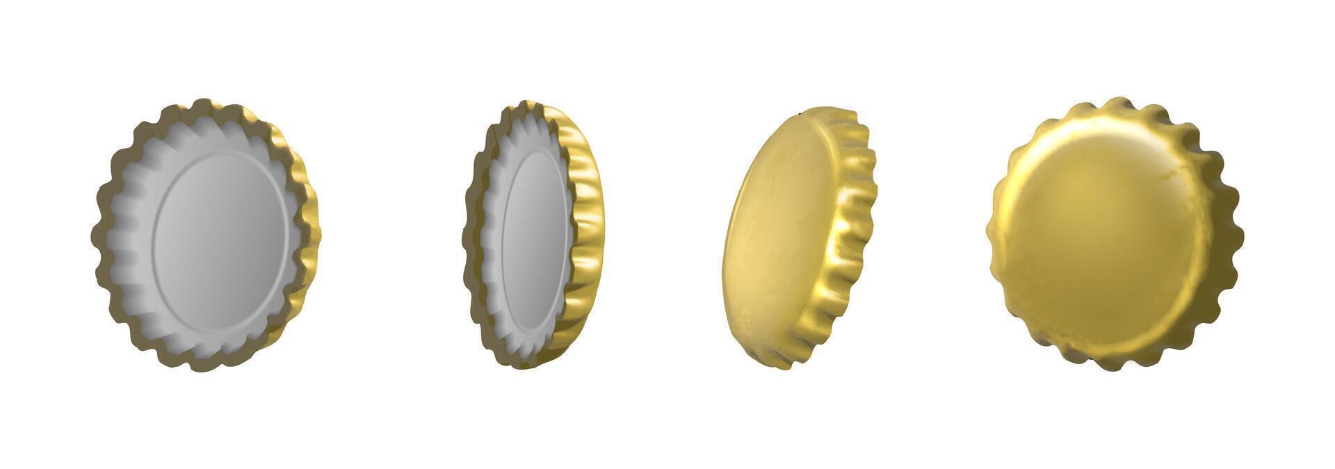 3d realistic icon. Gold beer caps in different side view. isolated. vector
