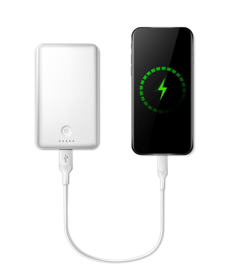 3d realistic icon. White power bank charging smartphone with charging green indicator. vector