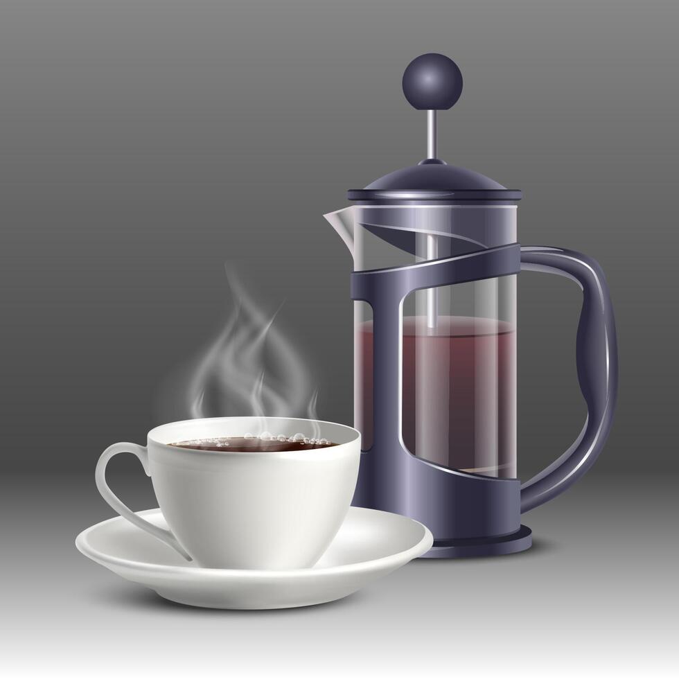 3 d realistic illustration of a coffee French press with white coffee cup on a gray background. vector