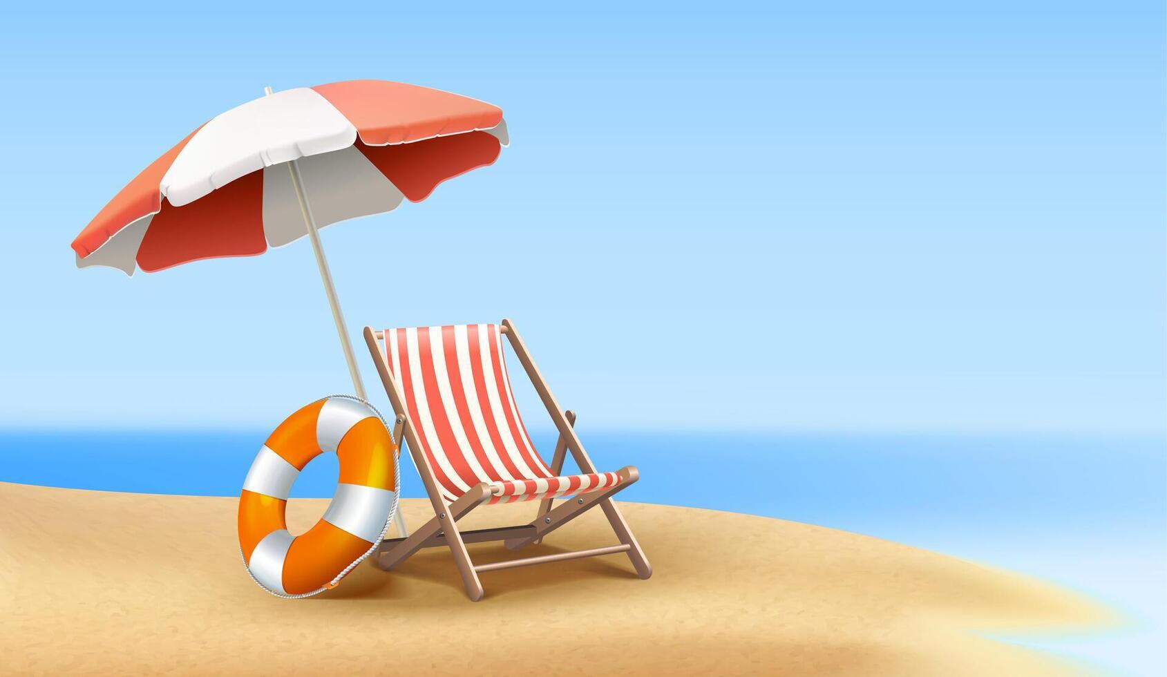 3d realistic illustration. Summer background. Sea side beach view with sunbed and parasol. vector