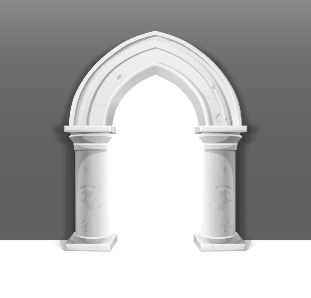 Square white stone antique greek arch portal on gray wall. vector