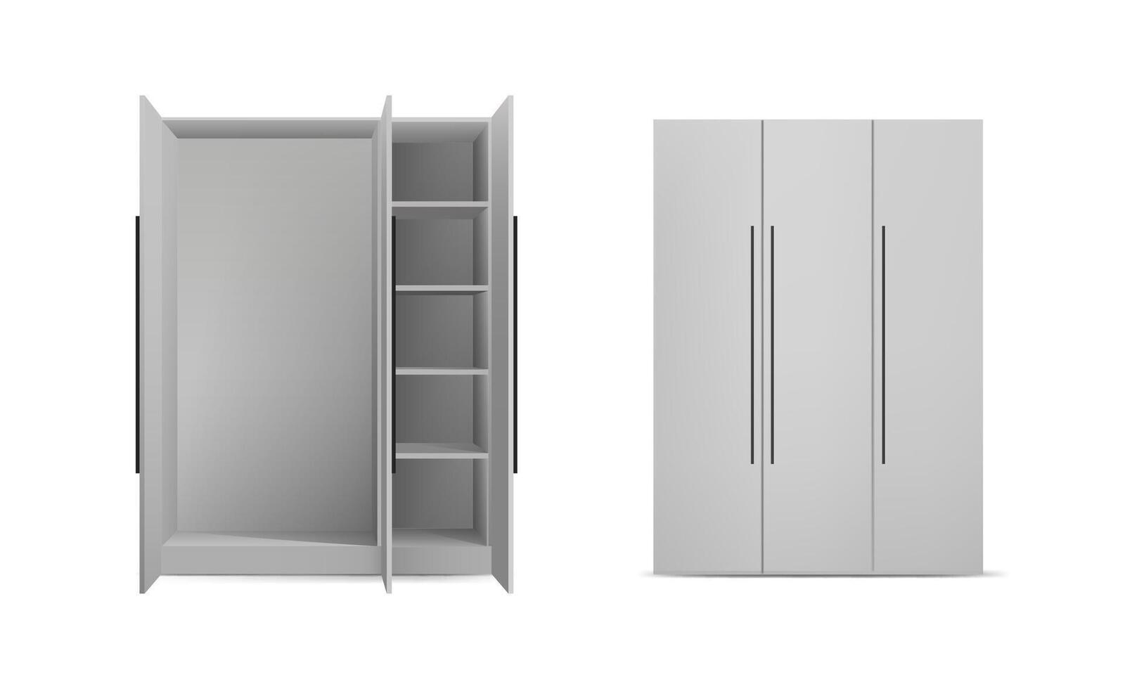 3d realistic icon set. White dress cupboard with two doors opened and shelves and closed. Isolated on white background. vector