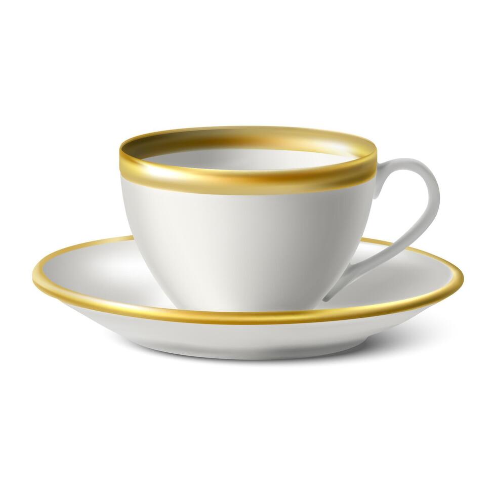 Isolated 3d realistic white porcelain cup with golden borders and a plate on white background. vector