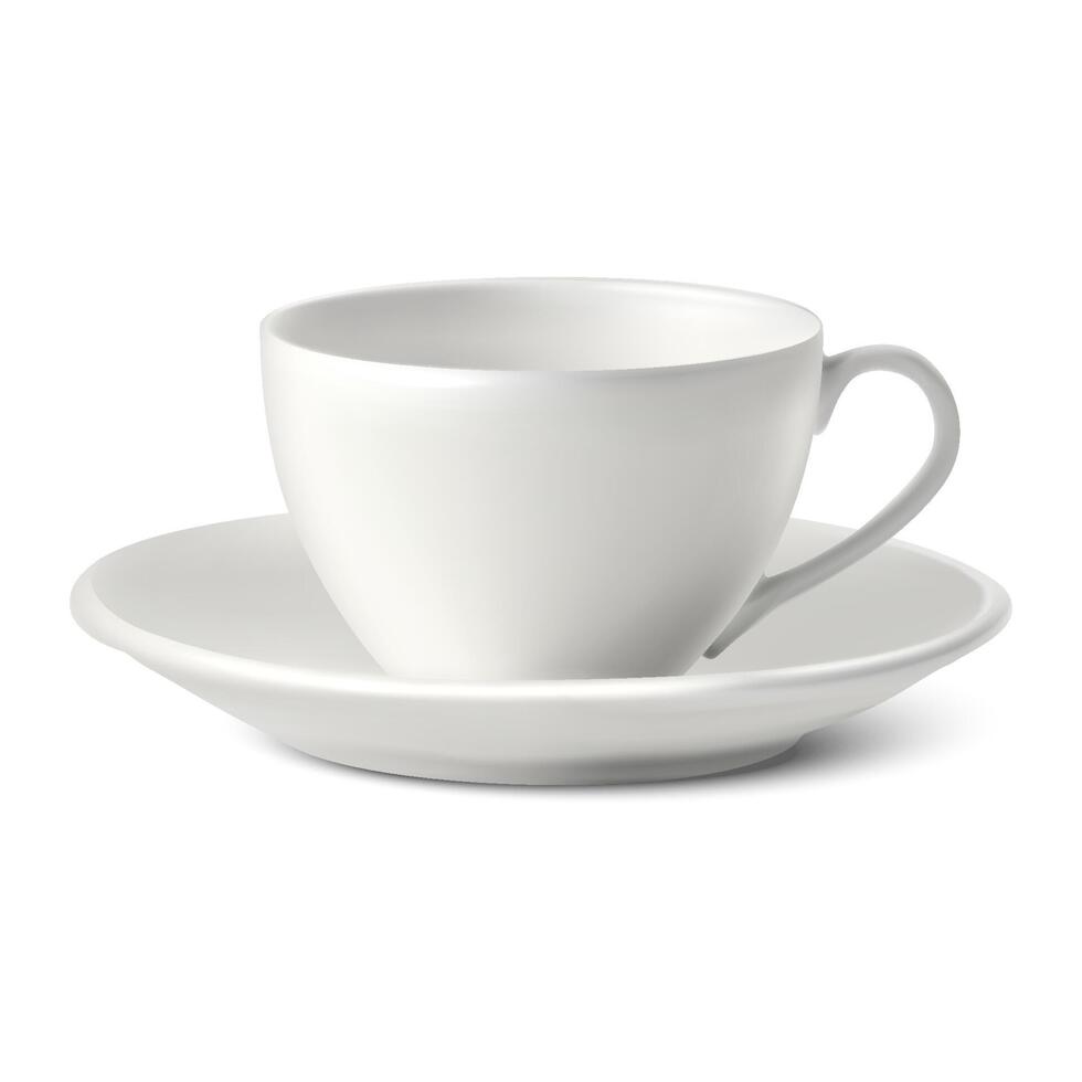 Isolated 3d realistic white porcelain cup with a plate on white background. vector