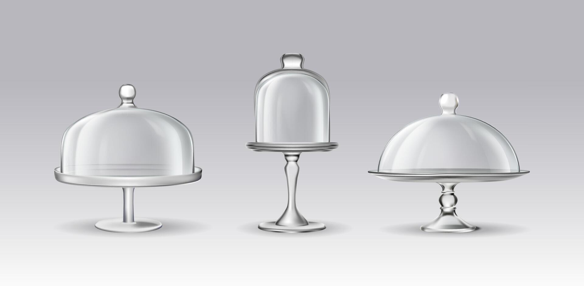 Set of cake stand. 3d realistic icon illustration. Transparent glass cloche. vector
