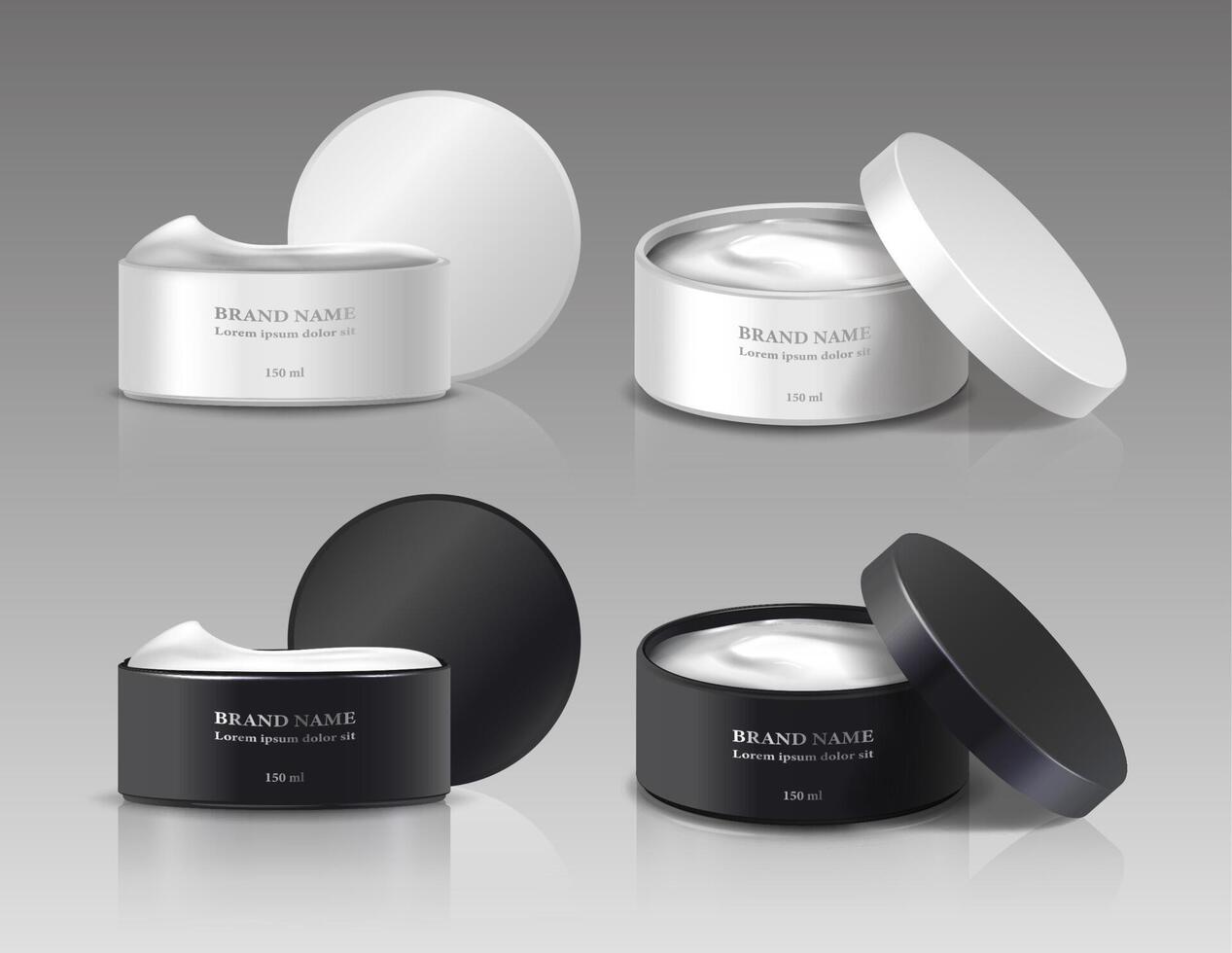 3d realistic collection of beauty cream jars with open lids in white and black color. vector