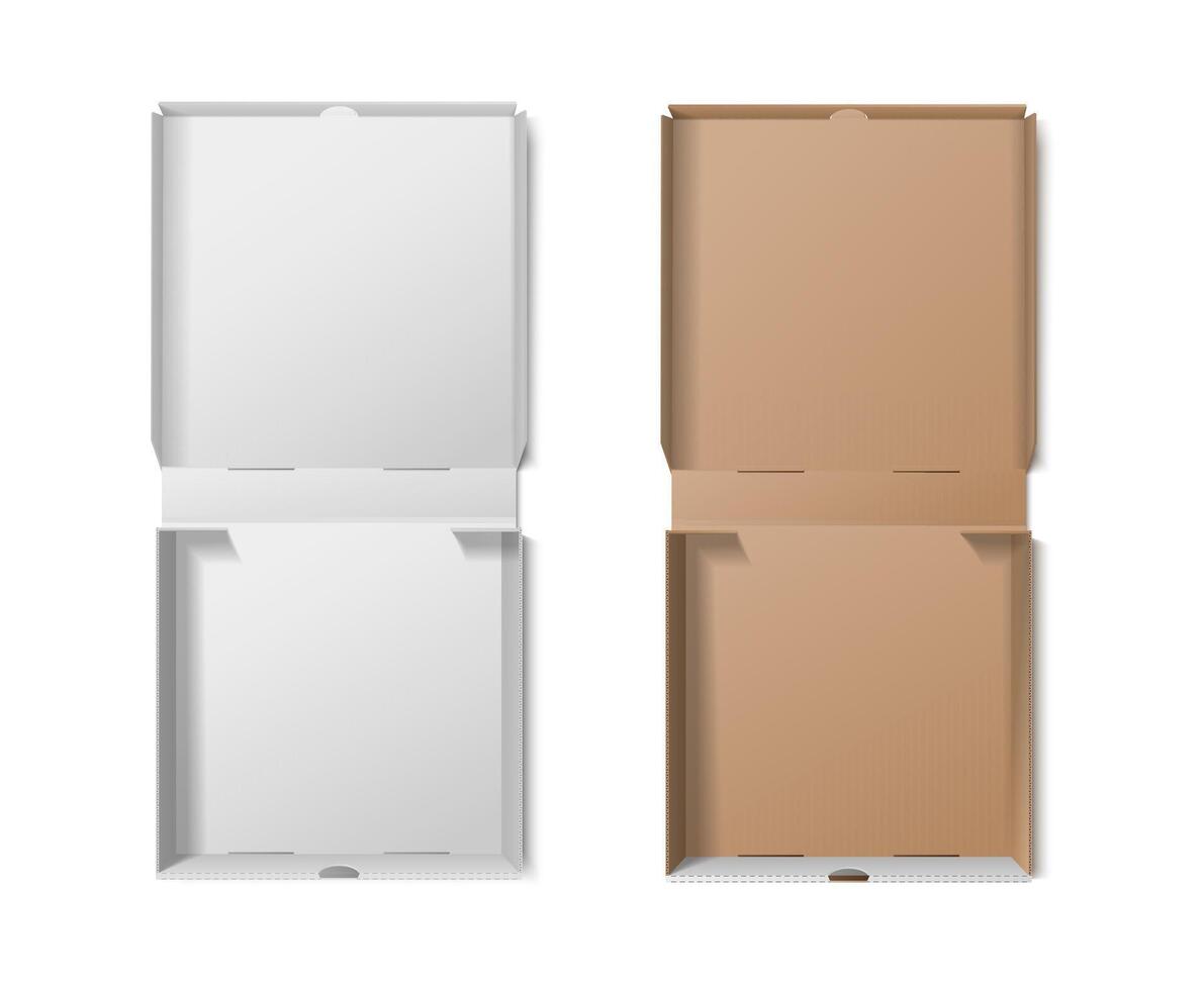 3d realistic icon illustration set. Brown and white cardboard pizza boxes. Isolated on white. vector