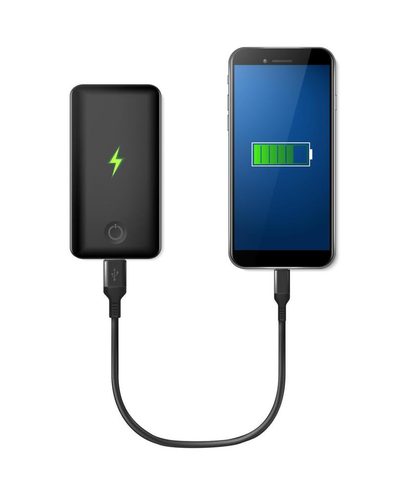 3d realistic icon. Black power bank charging smartphone. Isolated on white background. vector