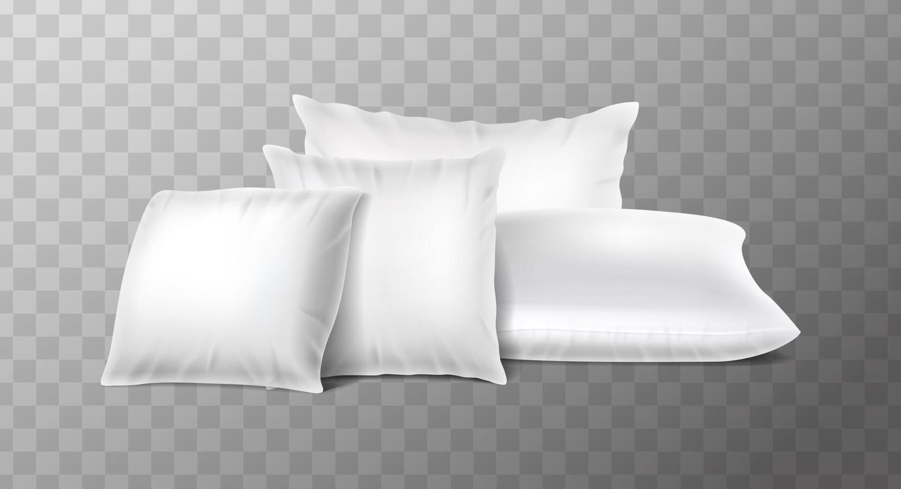 3d realistic illustration. Side view white pillows with flying feathers around. isolated on white background. Sweet dreams concept. vector