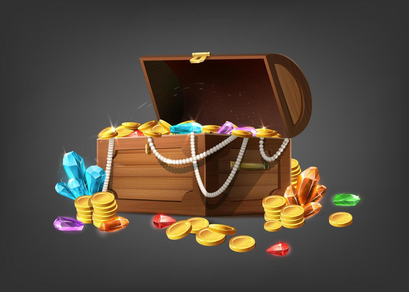 cartoon style icon illustration. Wooden treasure chest with jewelery, jems and gold. vector
