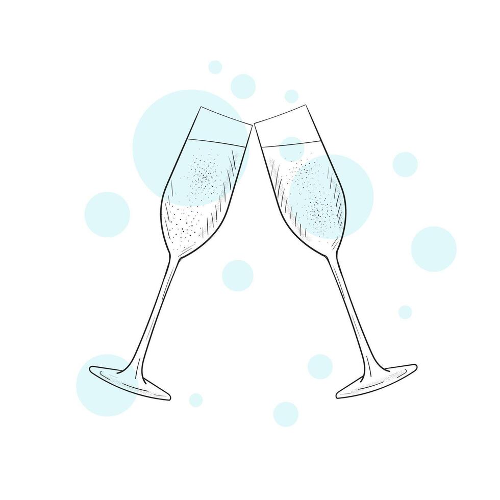 Two sparkling glasses of champagne or wine. Cheers icon. Retro style illustration isolated on white background. vector