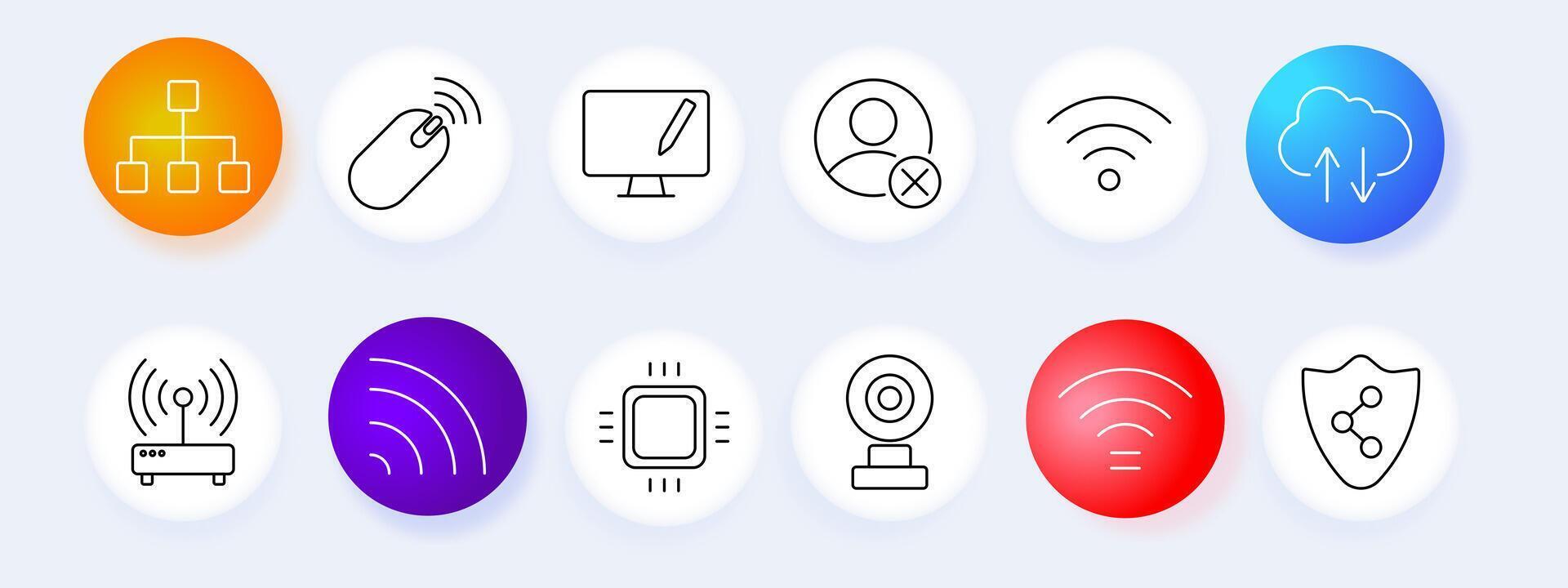 Network set icon. Hierarchy, mouse, monitor, Wi-Fi, cloud, upload, camera, shield, security, signal, , graphic, icon. vector