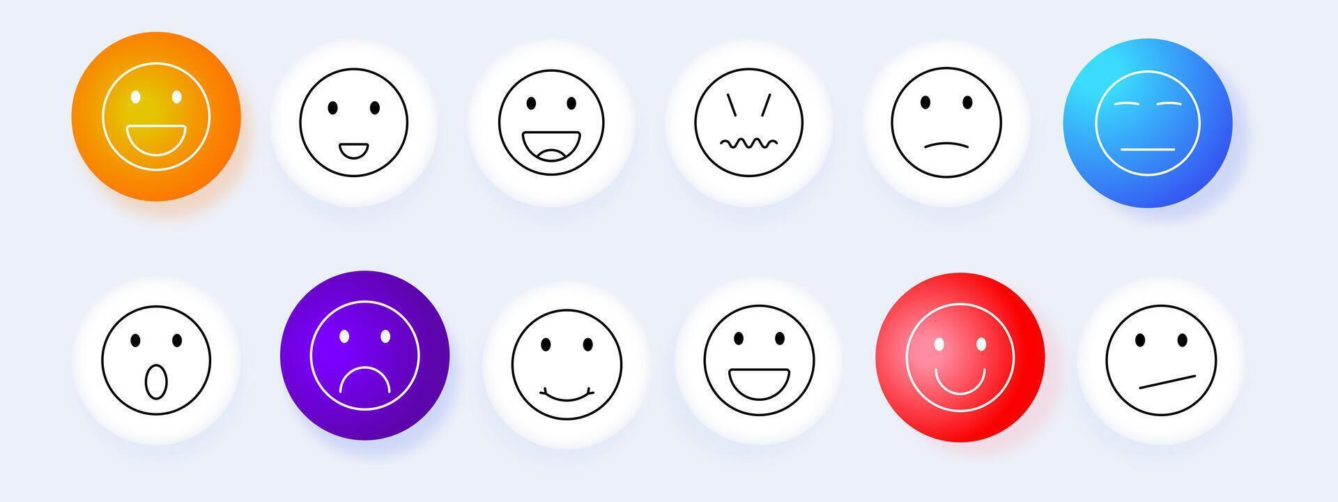 Emoticons set icon. Smile, sad, happy, angry, surprised, neutral, facial expressions, mood, reaction, emotion, , graphic, illustration. vector