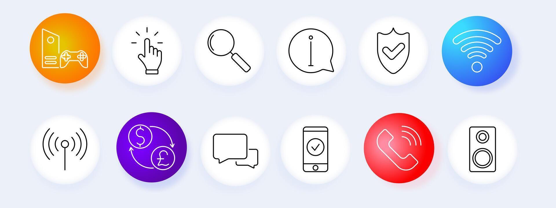 Gaming and multimedia set icon. Game console, touch, search, information, Wi-Fi, signal, currency, communication, , graphic. vector